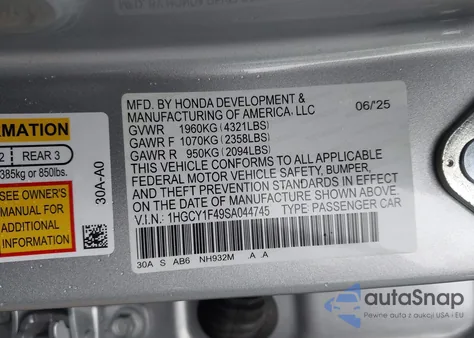 2025 Honda Accord Se из США, поврежденный, VIN 1HGCY1F49SA044745